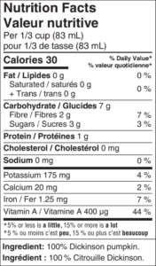 Pure pumpkin nutrition facts panel