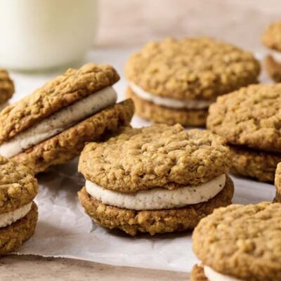 Pumpkin Oatmeal Sandwich Cookies with Brown Butter Cream Cheese Frosting