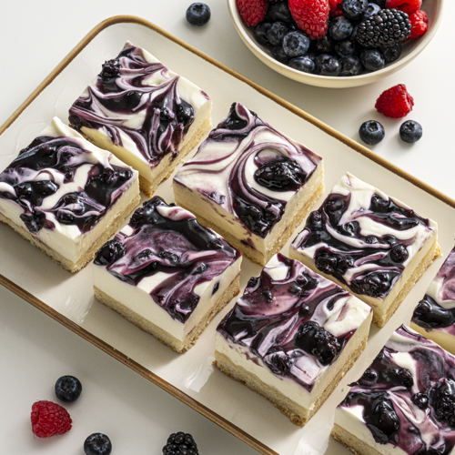 Almost No-Bake Triple Berry Cheesecake Squares